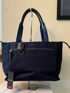 Tumi Mauren Navy Nylon, Leather Trim Tote/Messenger Bag, Like New Condition.
